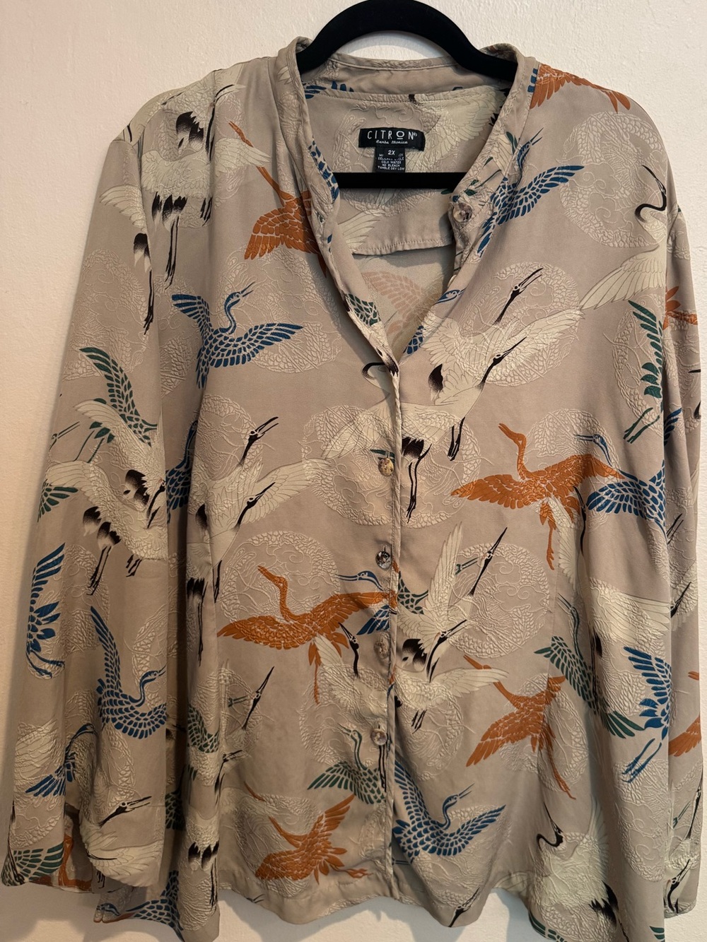Citron Beige Crane-Print Lightweight Button Front Blouse